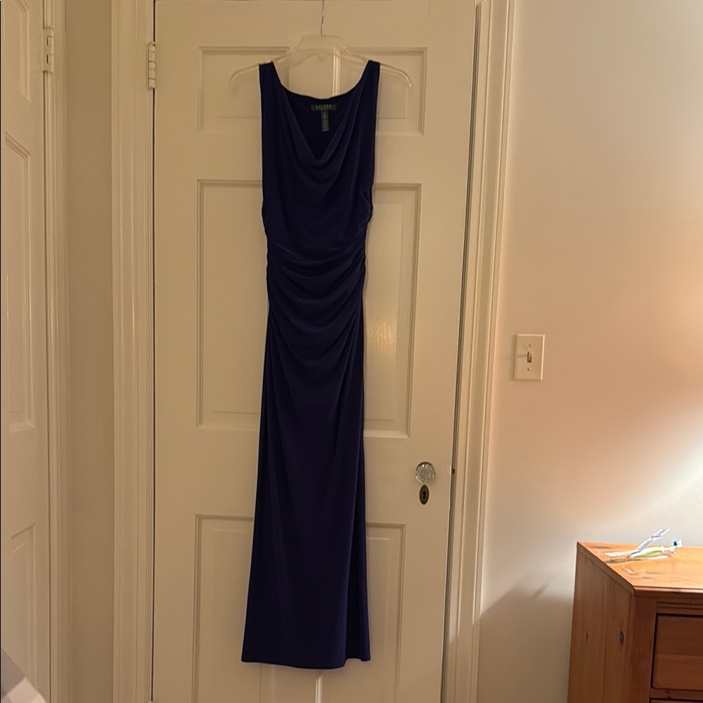 Ralph Lauren Blue Ruched Sheath Dress with Cowl Neck for Cocktail